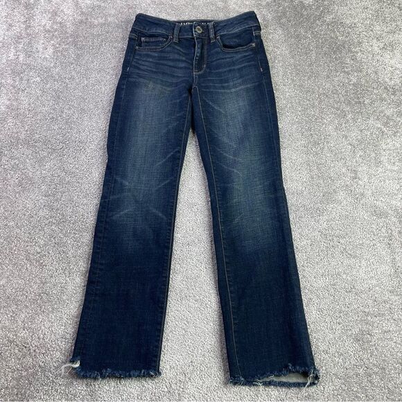 American Eagle Jeans Women's 00* Blue Dark Wash Straight Frayed Hem Low Rise - Picture 1 of 14